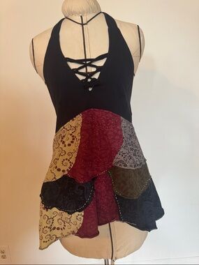 Jayli Black Halter Top with Patchwork Panels